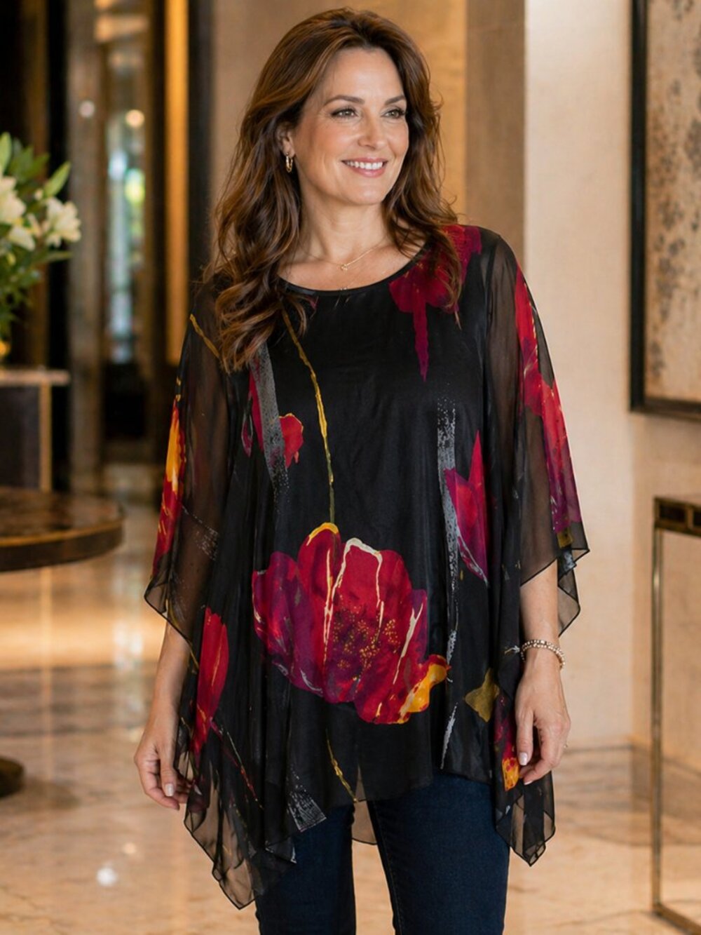 🌺 Wiiiwish Sheer Floral Chiffon Tunic – Black Multi | Batwing Boho Caftan Blous